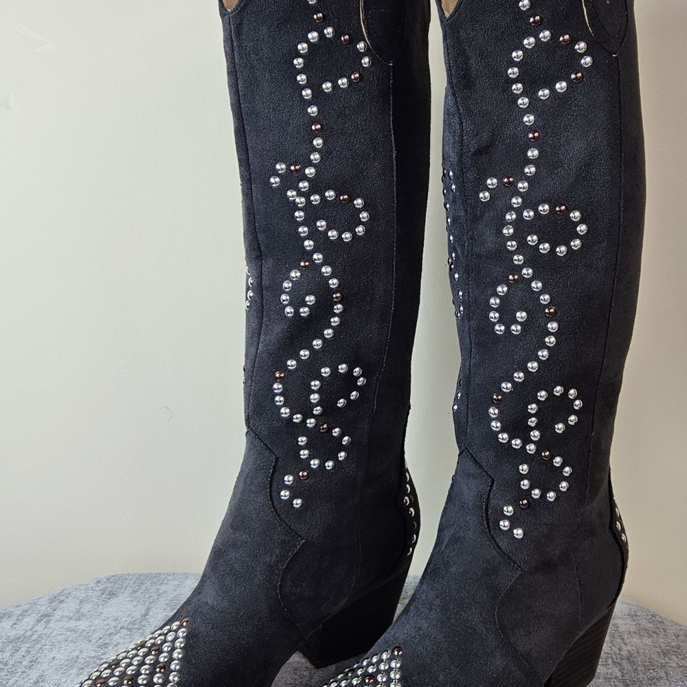 Studded Black Suede Knee-High Heeled Boots - Picture 9 of 12